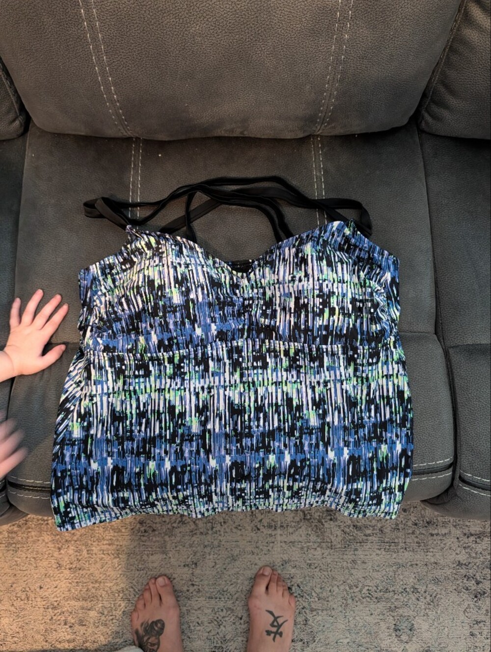 Delta Burke Blue & Black Patterned Swim Tankini with Green Accents